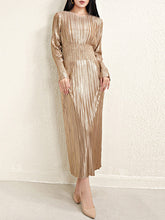 A-Line High Waisted Bronzing Pleated Shiny Solid Color Round-Neck Midi Dresses